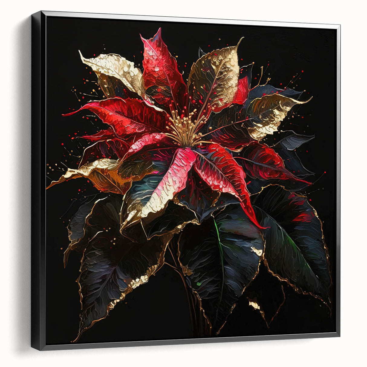 Framed canvas wall art showcasing a detailed botanical poinsettia design, featuring vibrant colors on a black background, perfect for modern home decor.