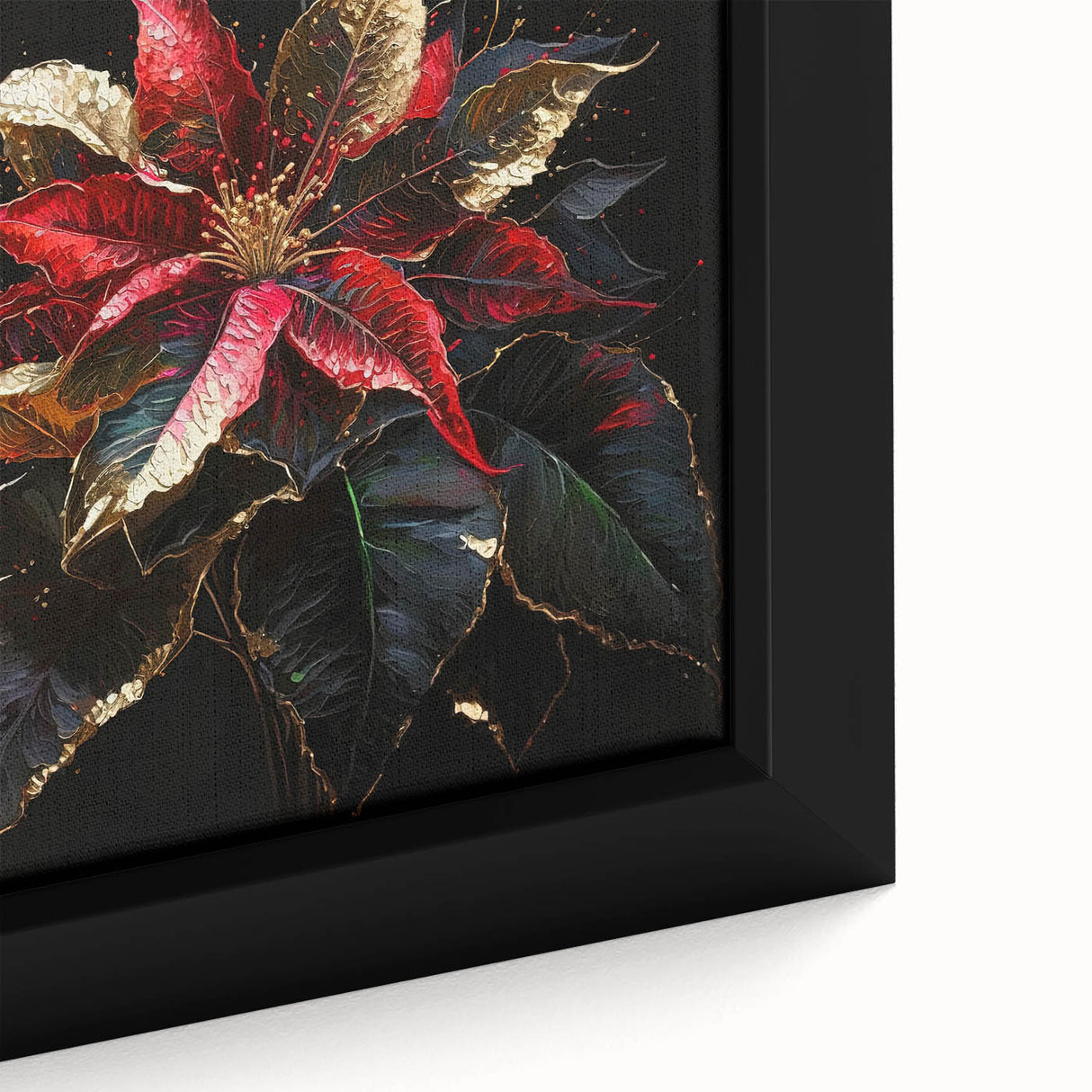 Close-up view of a framed botanical wall art piece featuring vibrant poinsettia flowers, showcasing intricate details and rich colors against a neutral background. Ideal for floral decor enthusiasts.