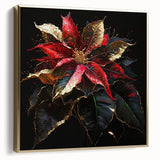 Framed botanical wall art featuring a vibrant poinsettia design in silver and gold tones, elegantly displayed against a neutral background, perfect for seasonal decor.