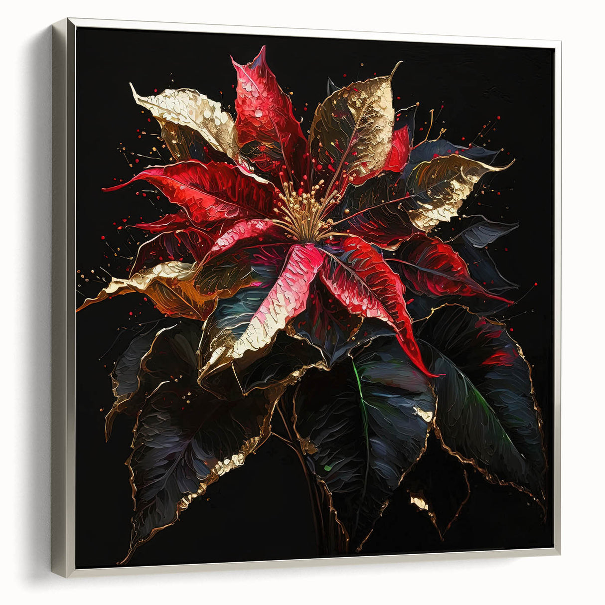 Framed canvas wall art design featuring a botanical poinsettia in vibrant red and green colors, elegantly displayed with a silver frame, perfect for holiday decor.