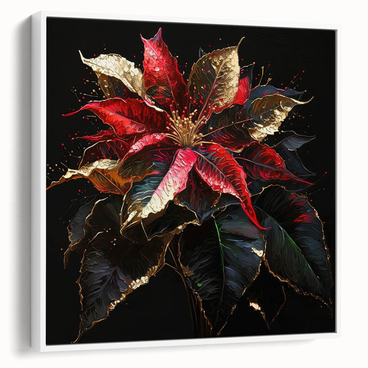 Framed botanical wall art featuring a vibrant poinsettia design in rich red and green hues, displayed in a modern white frame against a neutral backdrop.