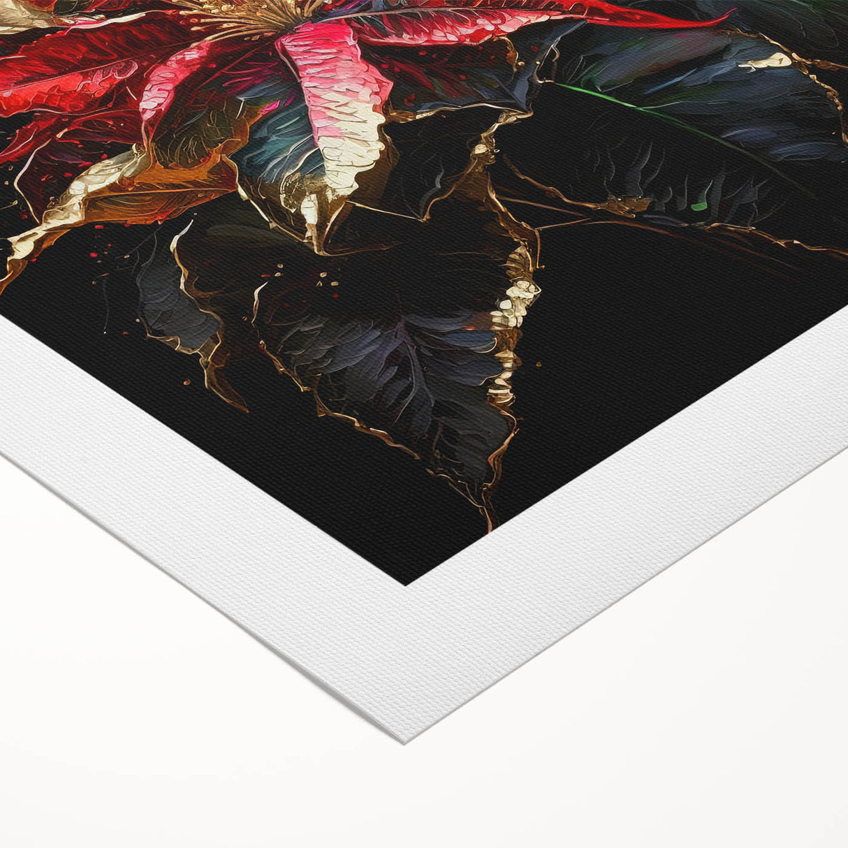 Vibrant botanical wall art featuring a detailed poinsettia design on rolled canvas, showcasing rich colors and intricate textures, perfect for home decor.