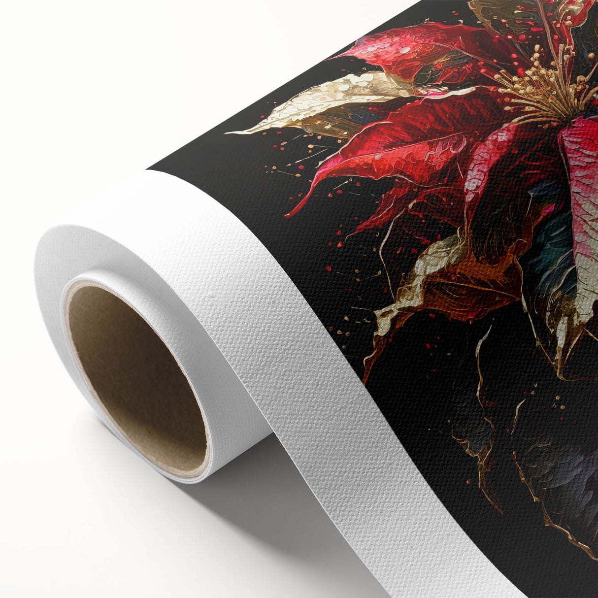Vibrant rolled canvas art showcasing a detailed botanical poinsettia design, featuring rich colors and intricate floral patterns, ideal for home decor.