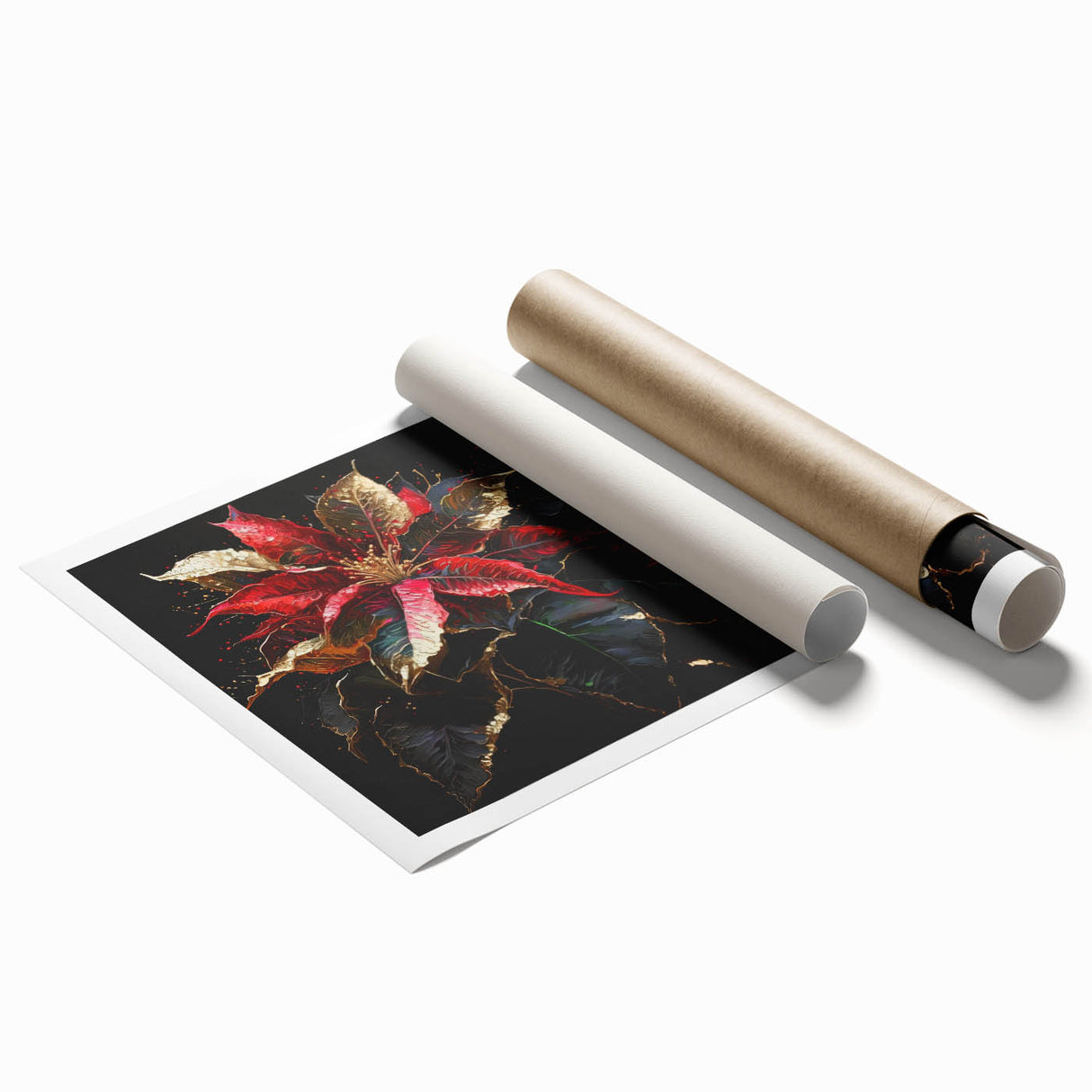 Vibrant botanical wall art print of a poinsettia design showcasing rich red and green hues, rolled and ready for display in a protective tube. Ideal for festive home decor.