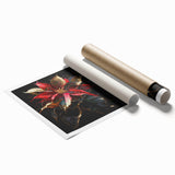 Vibrant botanical wall art print of a poinsettia design showcasing rich red and green hues, rolled and ready for display in a protective tube. Ideal for festive home decor.