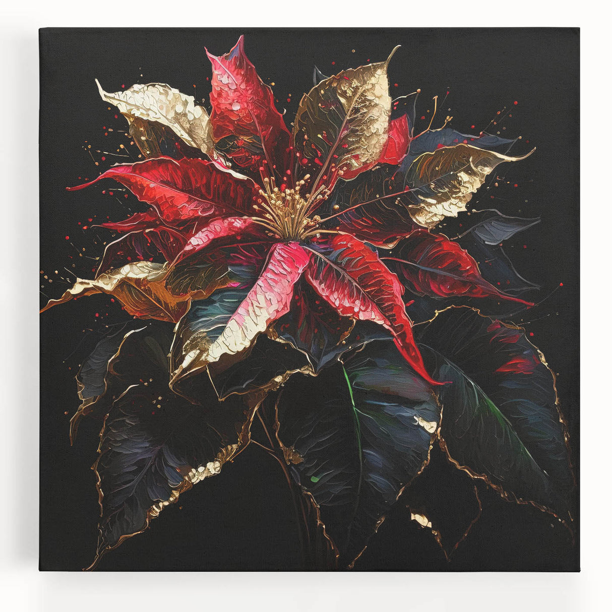 Stretched canvas wall art featuring a vibrant botanical poinsettia design, showcasing intricate floral details with rich red and green colors, perfect for home decor.