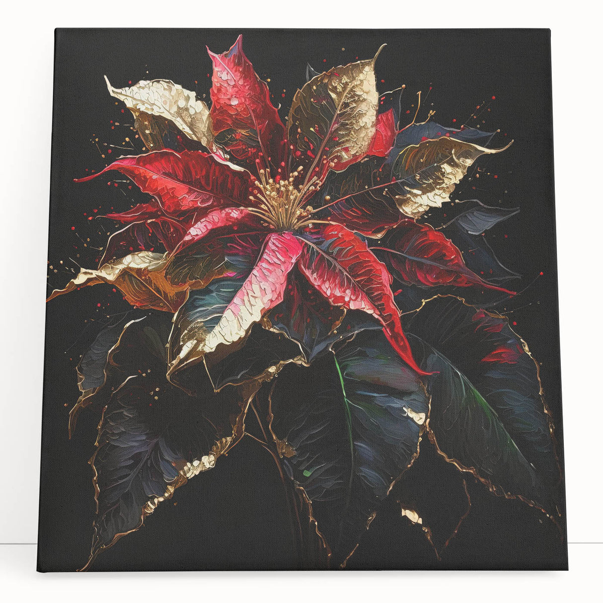Vibrant botanical wall art featuring a poinsettia design on stretched canvas, leaning against a neutral backdrop, perfect for adding a pop of color to modern decor.