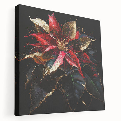 Stretched canvas wall art featuring a detailed botanical design of vibrant poinsettia flowers, showcasing rich colors and textures on a side view, perfect for holiday decor.