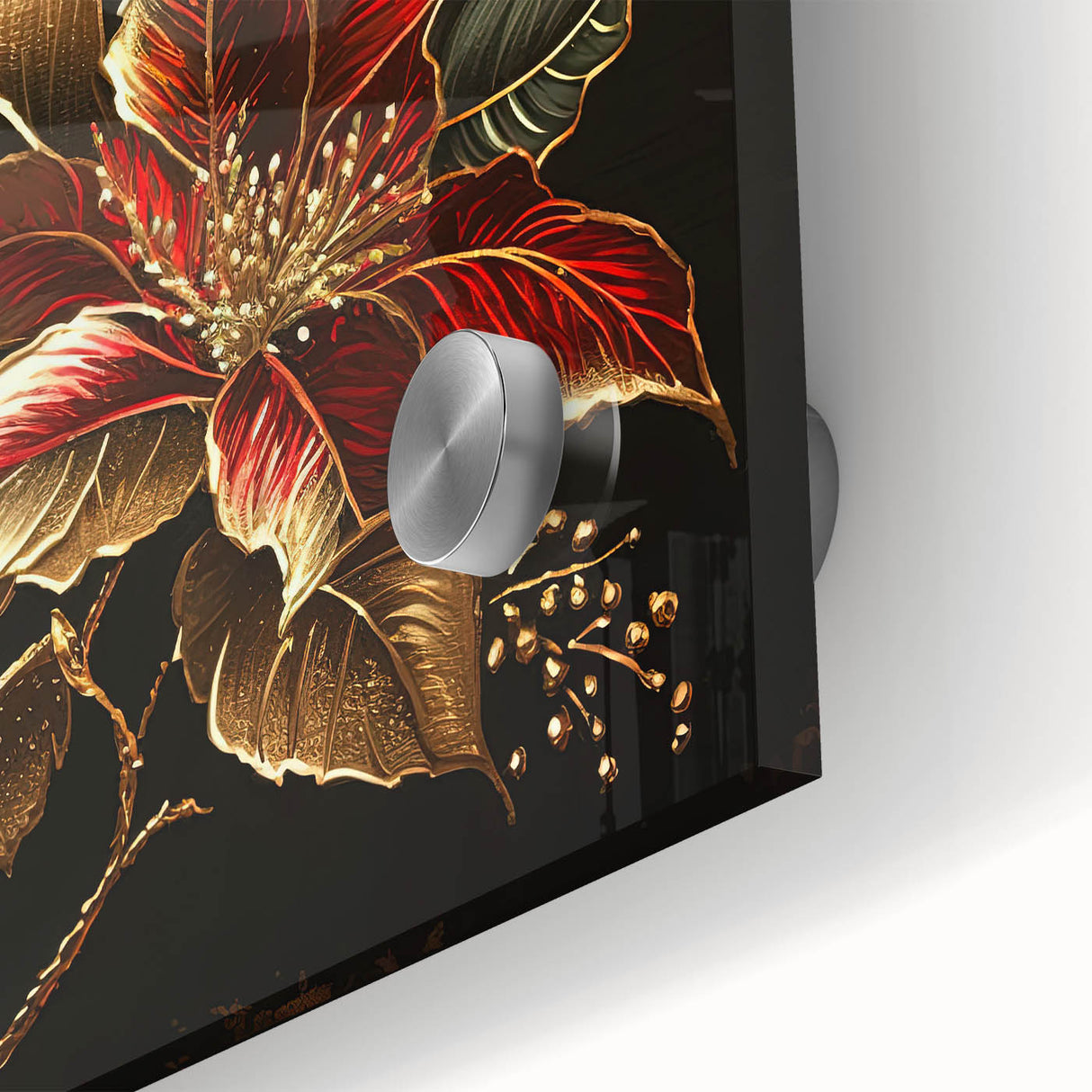 Close-up of a vibrant botanical poinsettia wall art piece, showcasing intricate floral details and rich colors on acrylic glass, perfect for home decor enhancement.