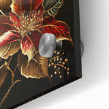 Close-up of a vibrant botanical poinsettia wall art piece, showcasing intricate floral details and rich colors on acrylic glass, perfect for home decor enhancement.