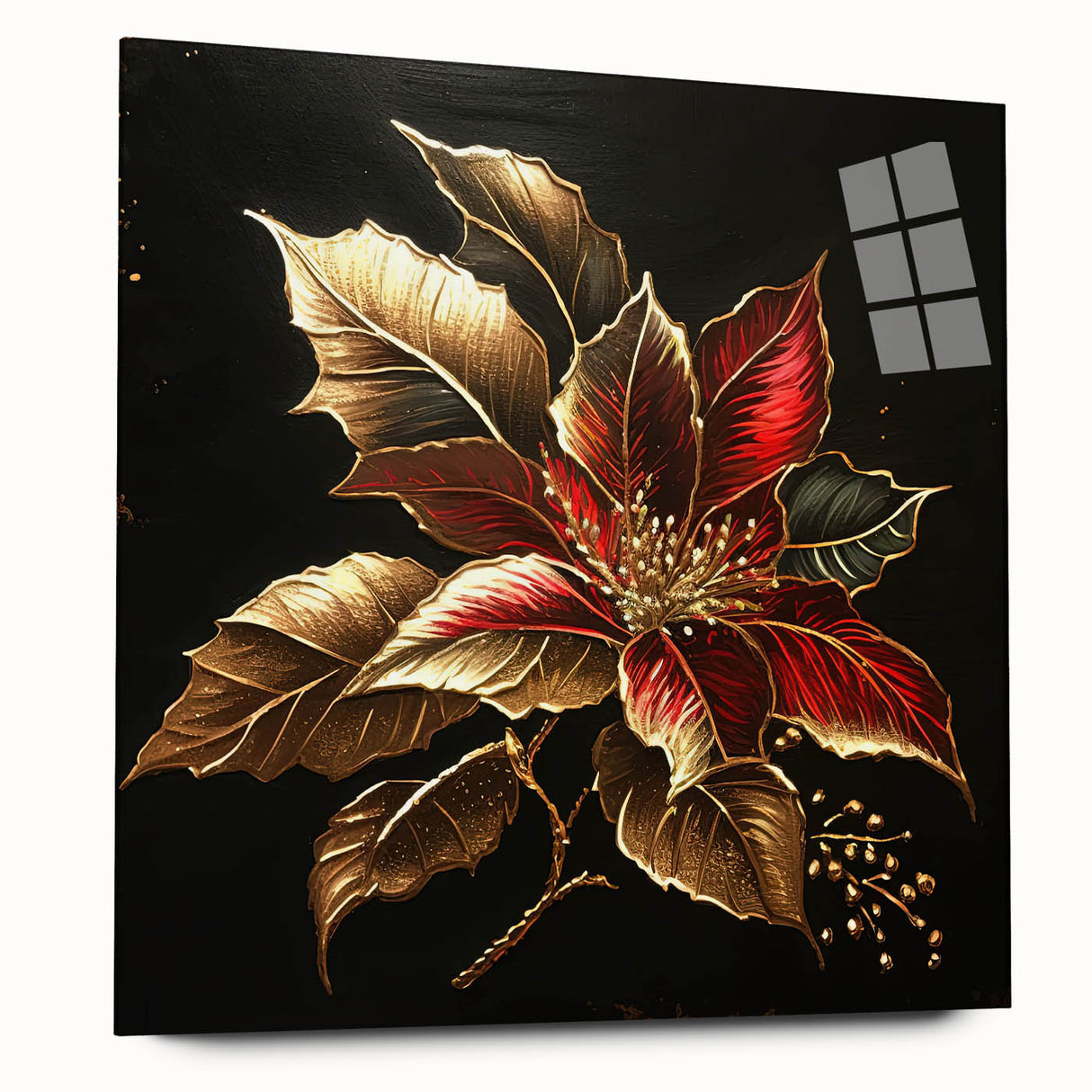 Vibrant botanical wall art featuring a poinsettia design on acrylic glass, showcasing vivid colors and intricate details, ideal for home decor enhancement.