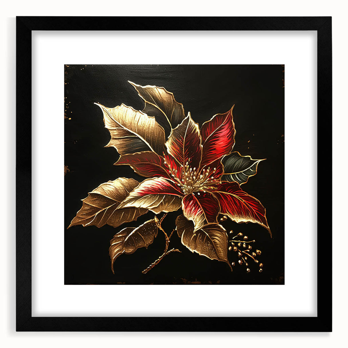 Black-framed botanical wall art featuring a vibrant poinsettia design, elegantly matted for a sophisticated look, perfect for enhancing home decor aesthetics.