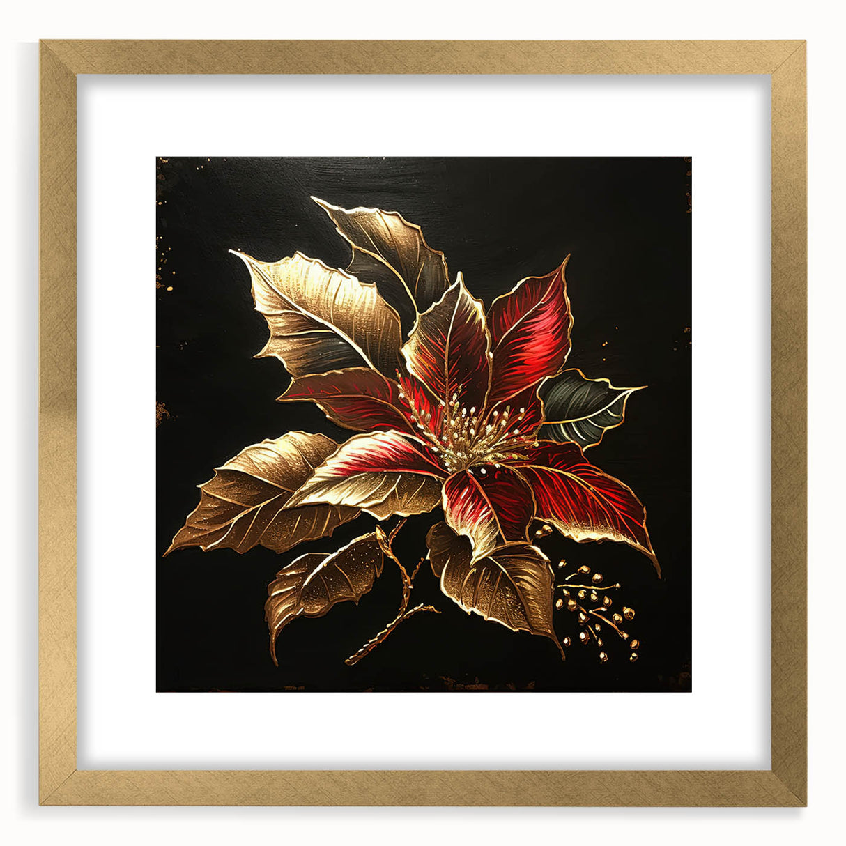 Botanical wall art featuring a beautifully detailed poinsettia design in a gold frame with matting, ideal for adding a touch of elegance to home decor.
