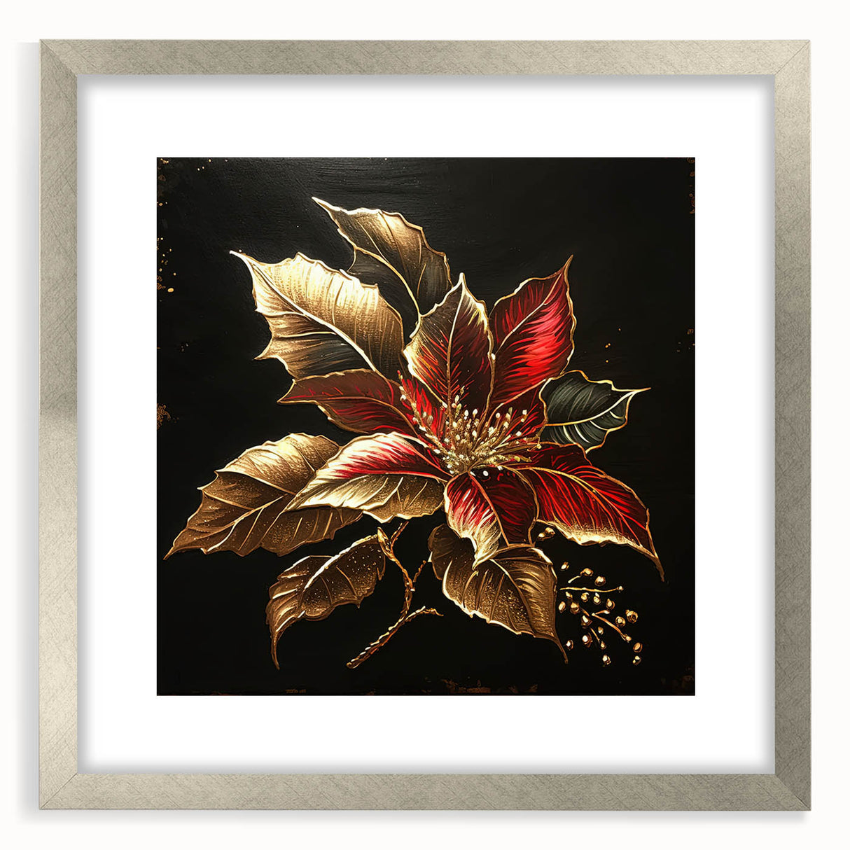 Elegant silver-framed wall art featuring a botanical poinsettia design, showcasing vibrant red and green colors. Ideal for adding a touch of nature to any decor.