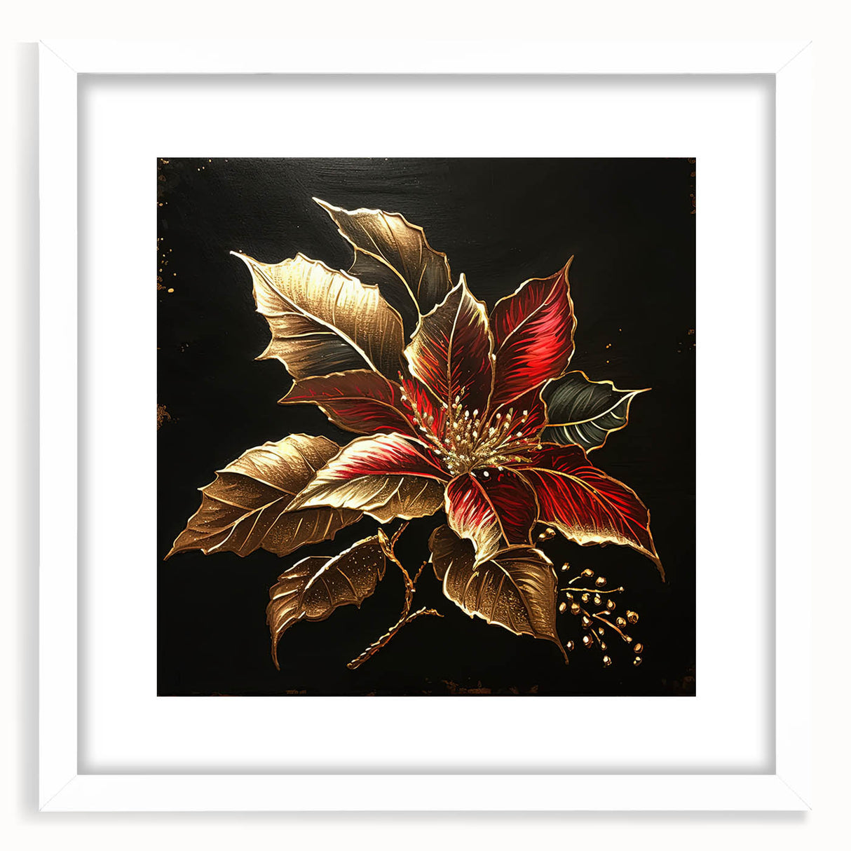 Botanical wall art featuring a vibrant poinsettia design in a white frame with a mat, showcasing intricate floral details perfect for seasonal home decor.