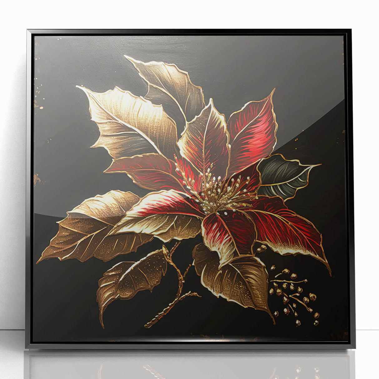 Framed botanical wall art featuring a vibrant poinsettia design on a black background, showcasing intricate floral details and elegant acrylic finish. Perfect for home decor enthusiasts seeking a sophisticated touch.