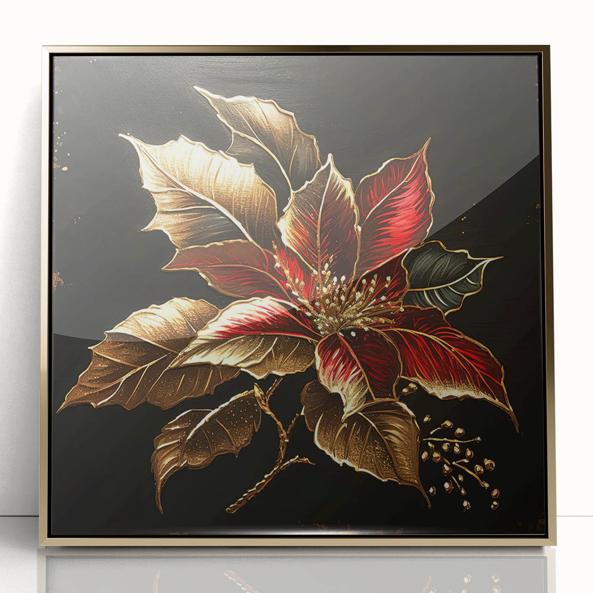 Framed botanical wall art featuring a vibrant red poinsettia design, set in an elegant gold frame, perfect for home decor and festive aesthetics.
