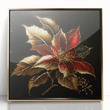 Framed botanical wall art featuring a vibrant red poinsettia design, set in an elegant gold frame, perfect for home decor and festive aesthetics.