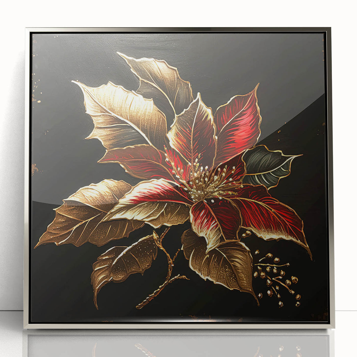 Framed acrylic wall art featuring a vibrant botanical poinsettia design in silver tones, showcasing intricate floral details perfect for home decor.