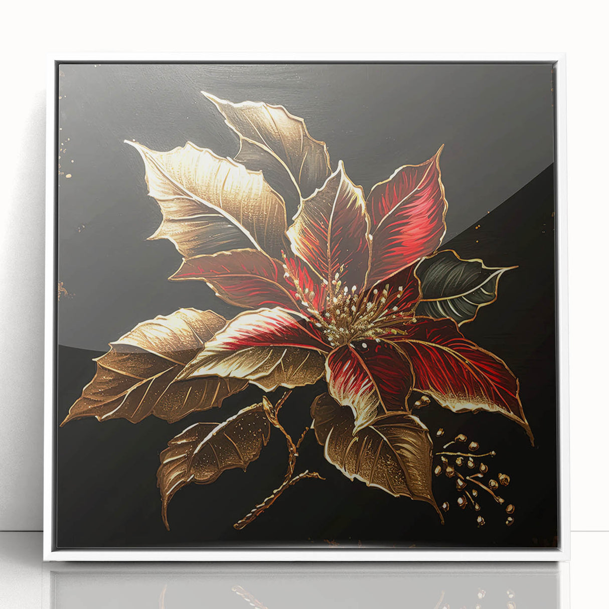Framed botanical wall art featuring a vibrant poinsettia design in bright red and green hues, set against a white background, perfect for holiday décor.