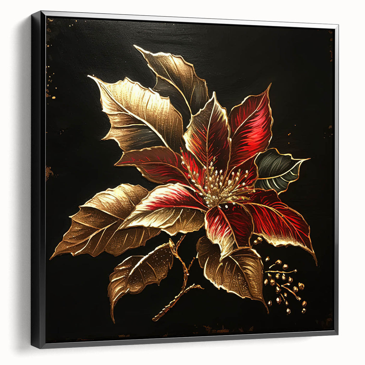 Framed canvas wall art featuring a botanical poinsettia design with vibrant red and green colors, displayed from a side view against a neutral background, perfect for home decor.