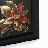 Close-up of a framed canvas featuring a vibrant botanical poinsettia design, showcasing rich red and green colors, perfect for home decor or holiday themes.