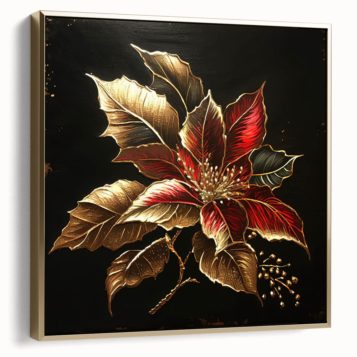 Framed canvas wall art featuring a botanical poinsettia design in silver and gold tones, showcasing intricate floral details against a textured background. Ideal for enhancing home decor, this elegant piece adds a touch of sophistication to any interior space.