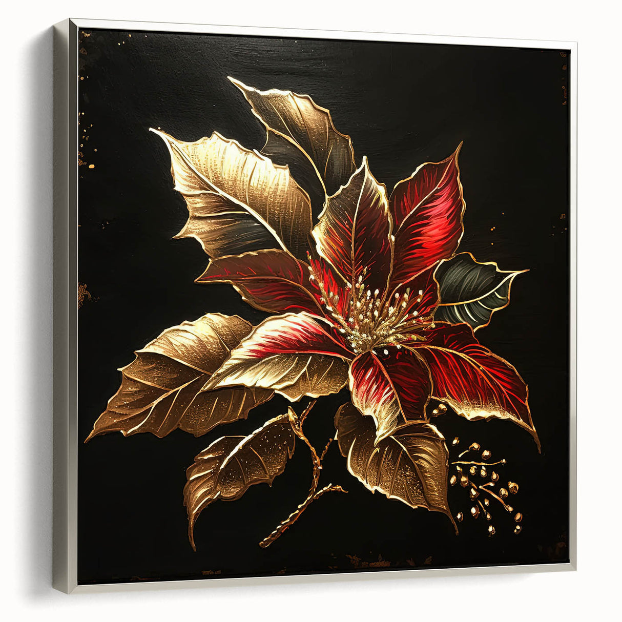 Framed canvas wall art showcasing a botanical poinsettia design with intricate details, set against a silver frame, ideal for enhancing home decor in modern interiors.