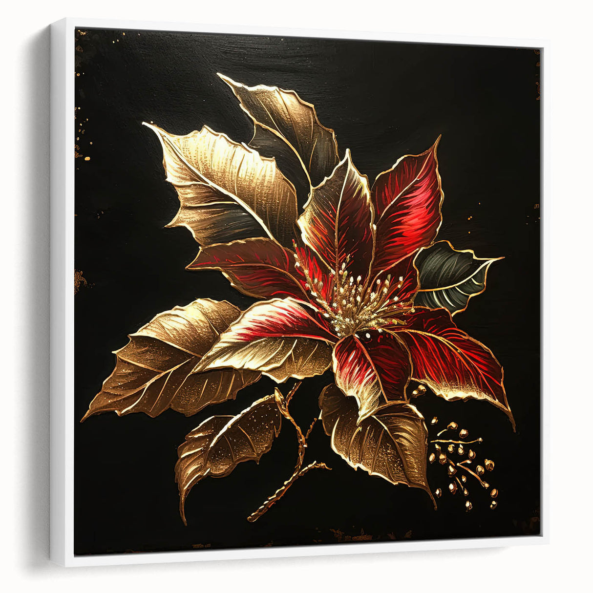 Framed canvas wall art featuring a botanical poinsettia design with vibrant red and green colors, showcasing a side view of the artwork against a white background.