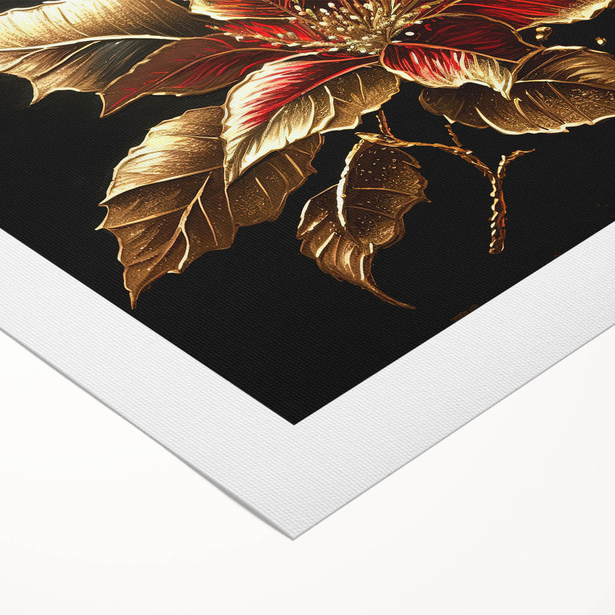 Botanical wall art showcasing a vibrant poinsettia design on rolled canvas, perfect for home decor. Features rich red and green hues, ideal for festive settings.