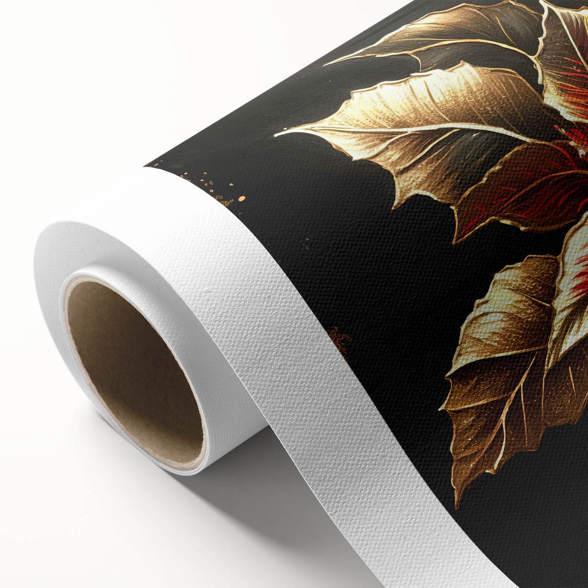 Vibrant rolled canvas featuring a botanical poinsettia design with intricate details and rich colors, ideal for enhancing home decor and adding a festive touch.