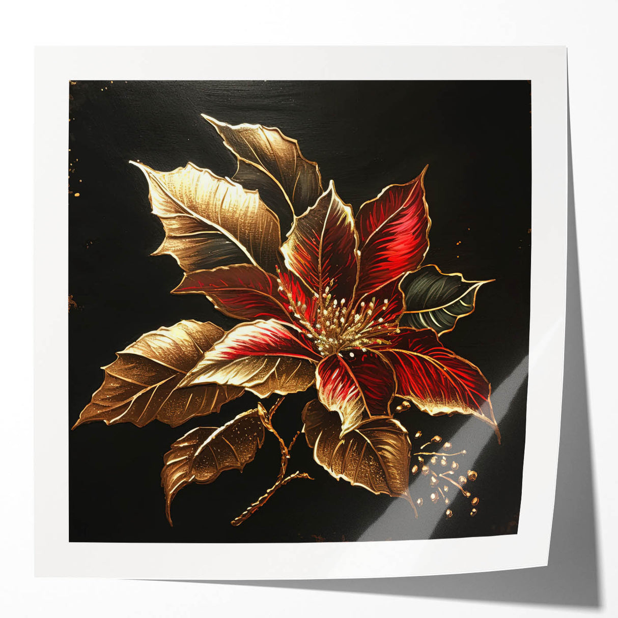 Vibrant botanical wall art print showcasing a striking poinsettia design with rich reds and greens, elegantly rolled for display or framing. Perfect for festive decor.