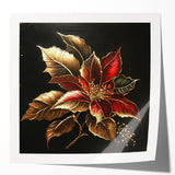 Vibrant botanical wall art print showcasing a striking poinsettia design with rich reds and greens, elegantly rolled for display or framing. Perfect for festive decor.