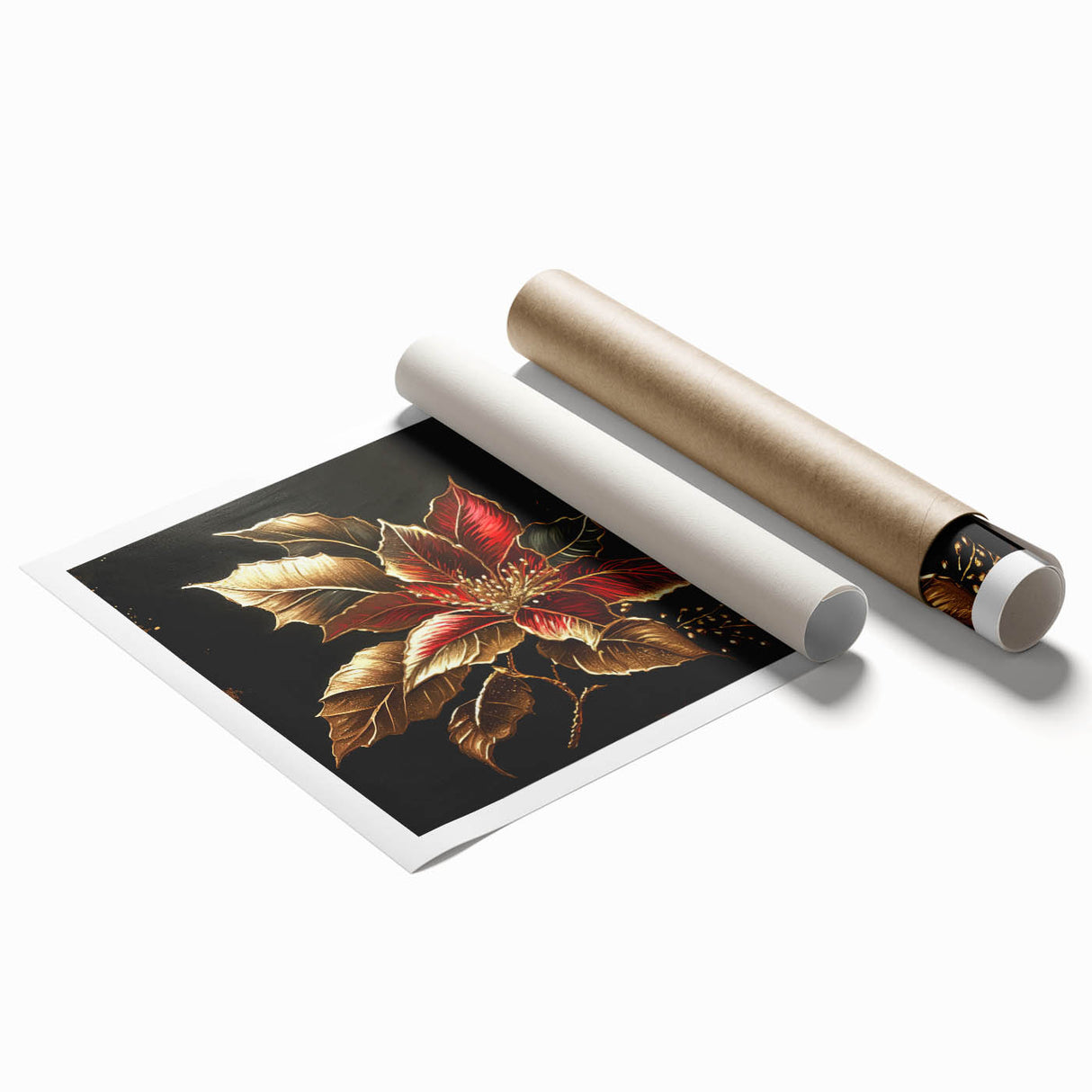 Botanical wall art print featuring a vibrant red poinsettia design on a textured background, rolled for easy shipping and display, perfect for holiday décor.