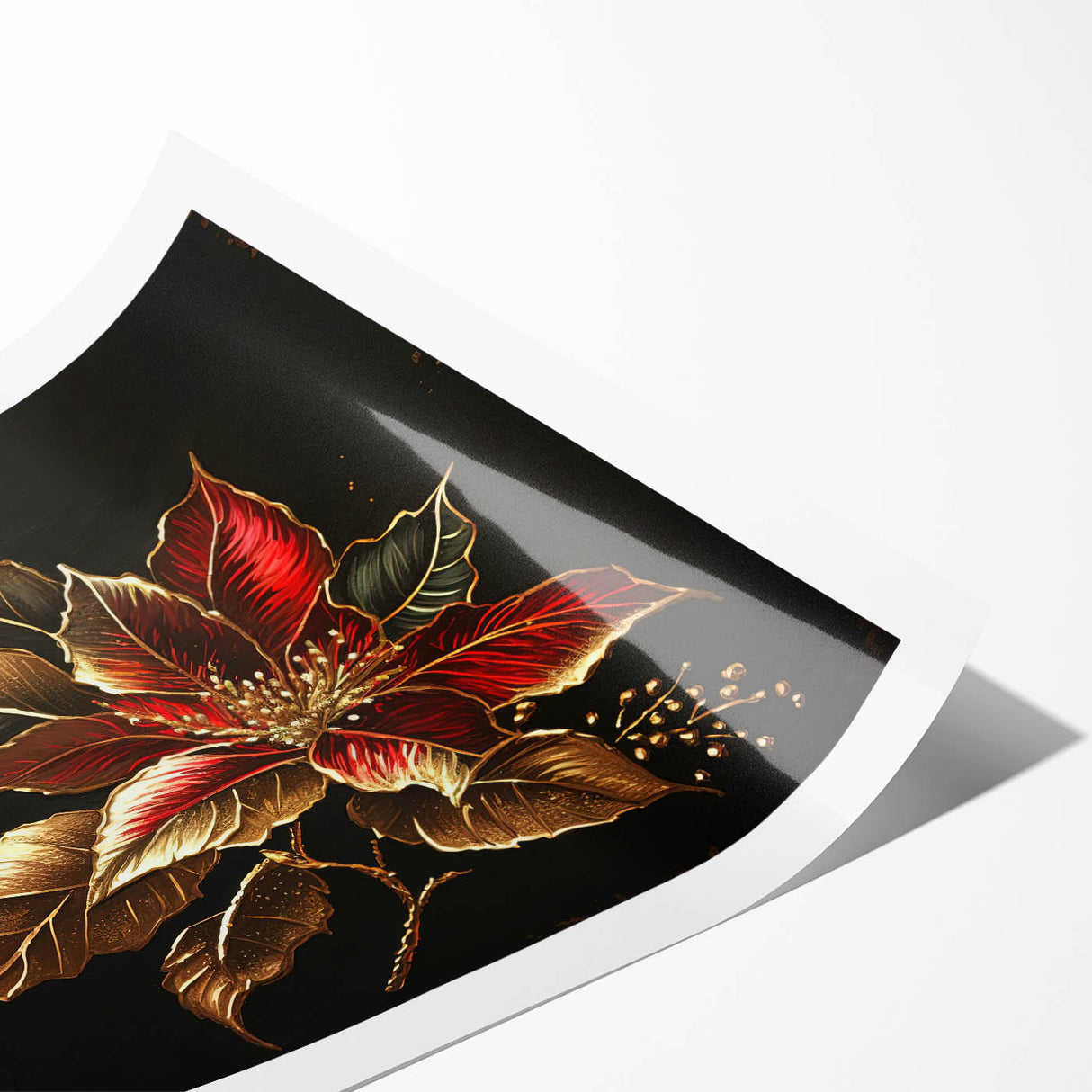 Vibrant botanical poinsettia wall art print showcasing intricate floral details in rich red and green hues, rolled for easy display and storage, ideal for home decor.