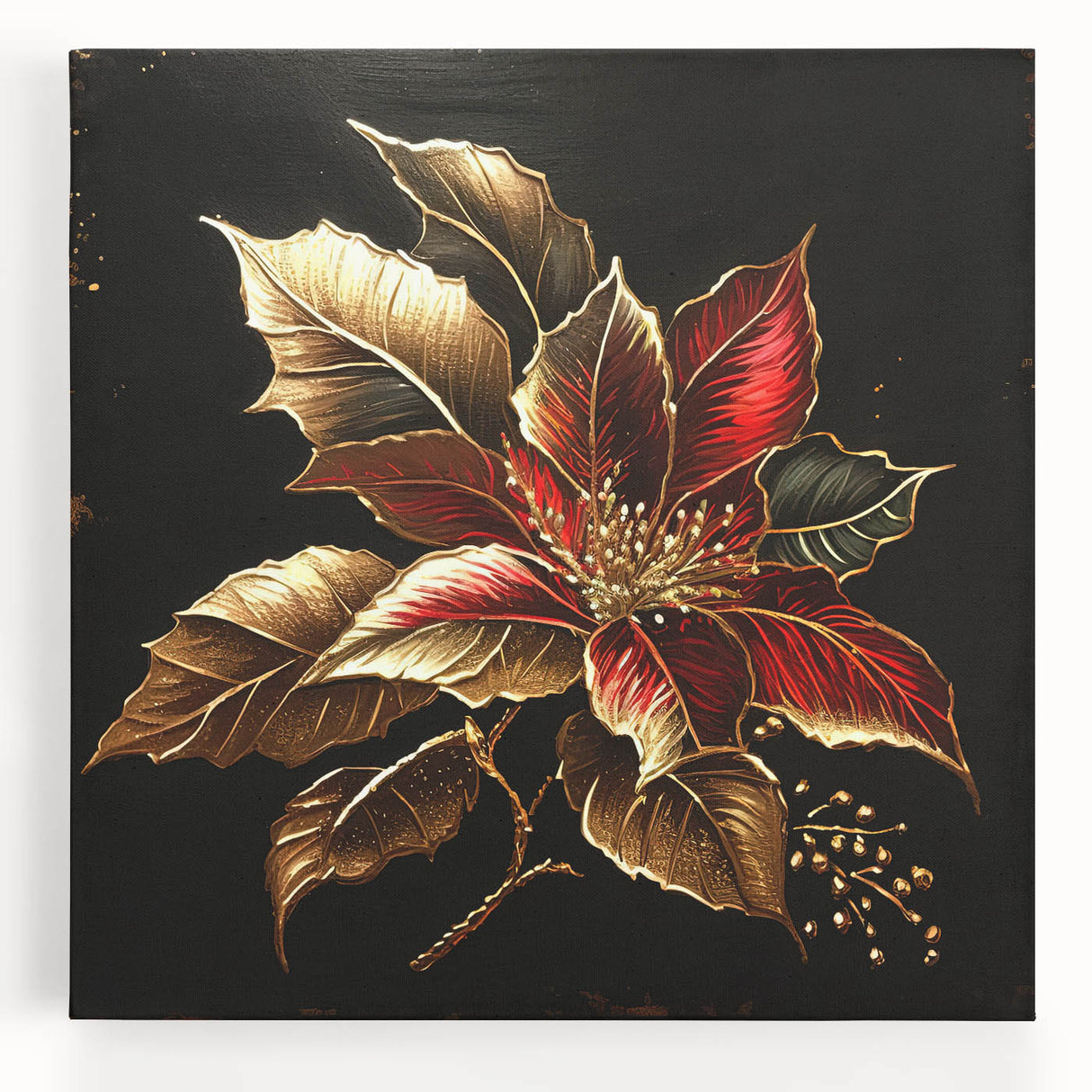 Stretched canvas wall art featuring a vibrant botanical poinsettia design, showcasing intricate floral details and rich colors, ideal for home decor enhancement.