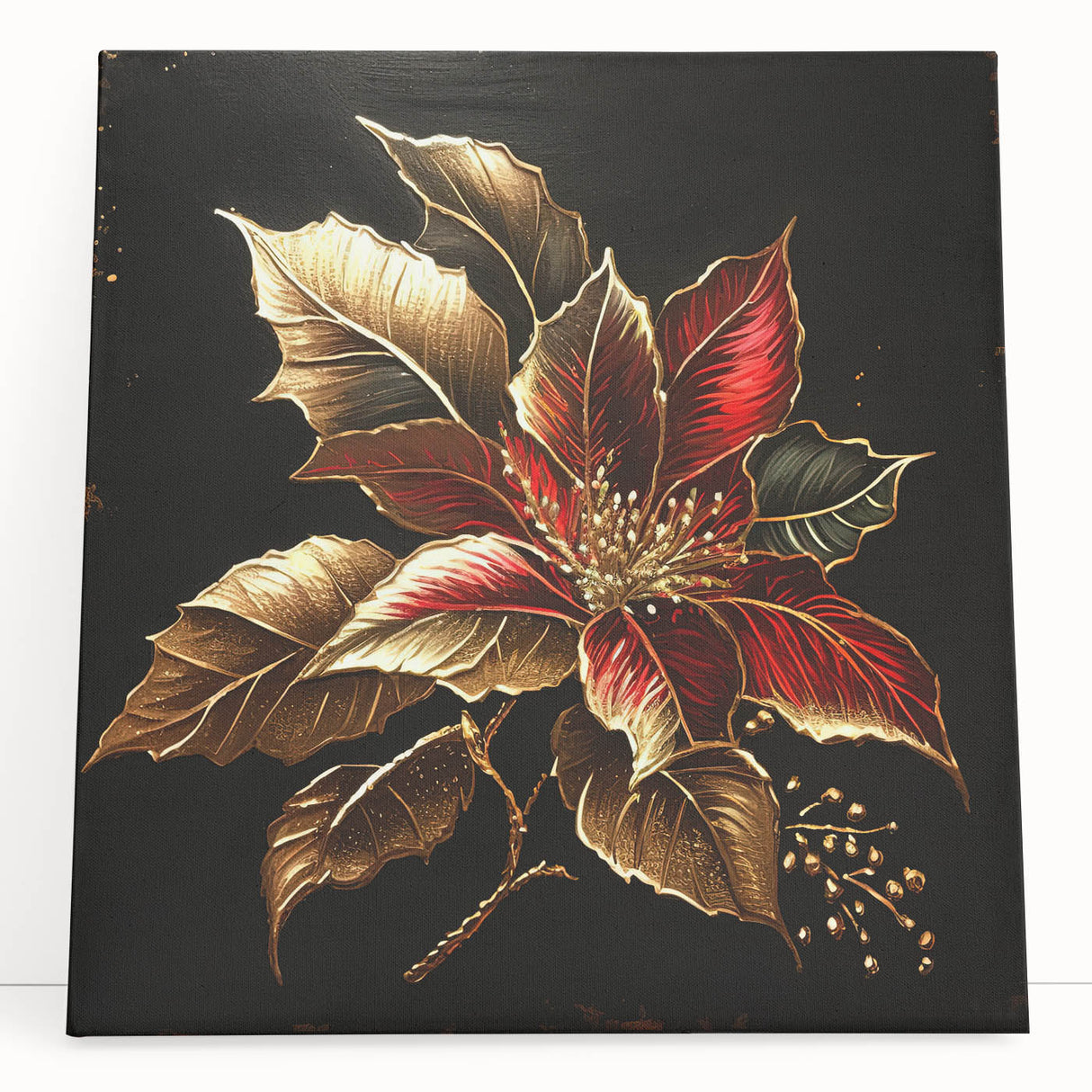 Stretched canvas artwork showcasing a vibrant botanical poinsettia design, featuring rich reds and greens, ideal for enhancing home decor with a festive touch.