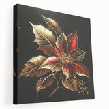 Stretched canvas wall art featuring a vibrant botanical poinsettia design in rich reds and greens, showcasing intricate floral details and texture, ideal for home decor.