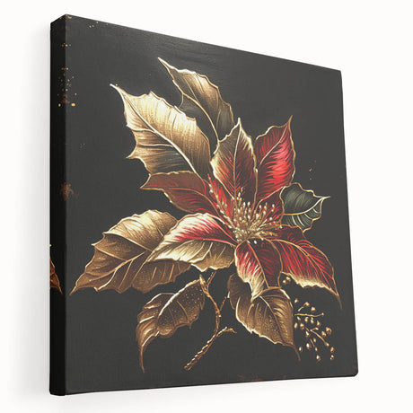 Stretched canvas wall art featuring a vibrant botanical poinsettia design in rich reds and greens, showcasing intricate floral details and texture, ideal for home decor.