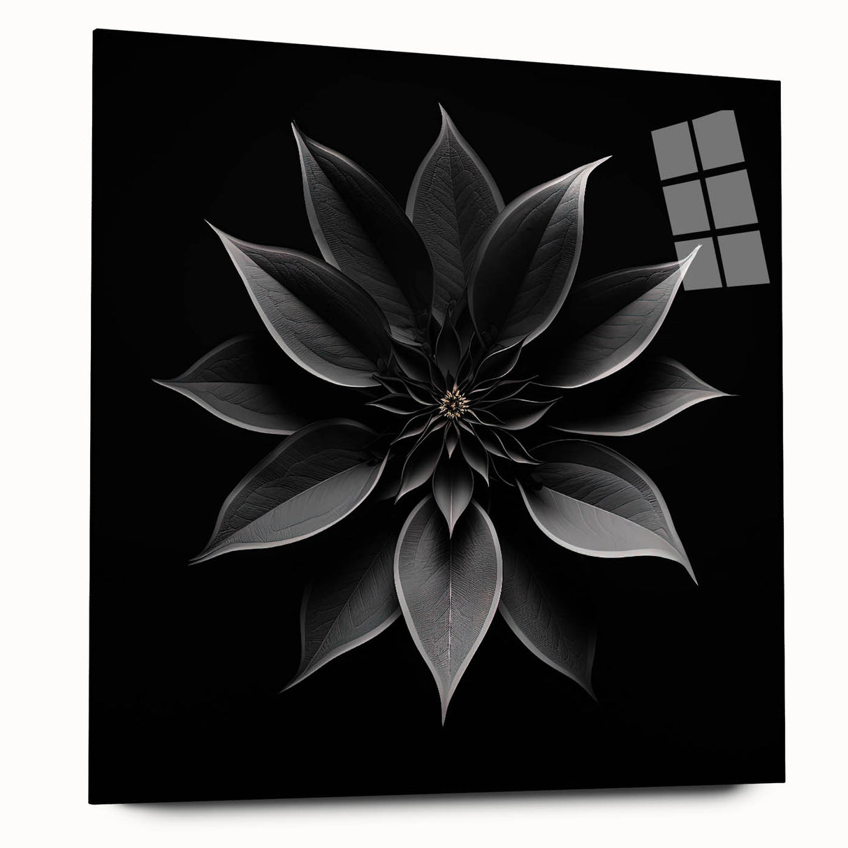 Acrylic glass wall art featuring a vibrant botanical poinsettia design, showcasing rich reds and greens, displayed from a side view without pins. Perfect for home decor.