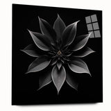 Acrylic glass wall art featuring a vibrant botanical poinsettia design, showcasing rich reds and greens, displayed from a side view without pins. Perfect for home decor.