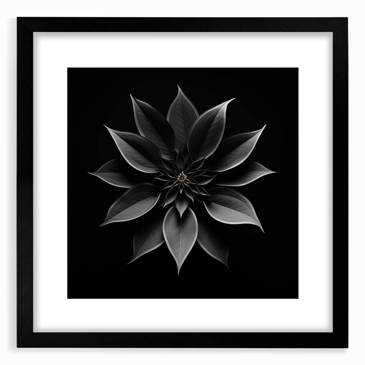 Framed botanical wall art featuring a vibrant poinsettia design with black matting, showcasing intricate floral details and elegant presentation, perfect for home decor.