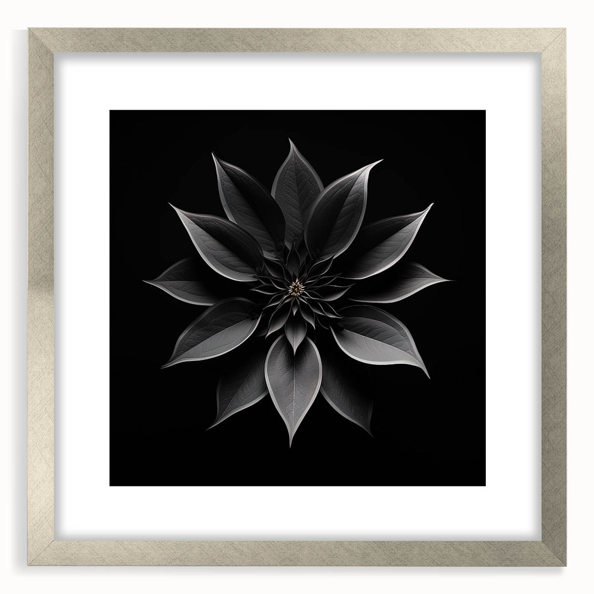 Botanical wall art featuring a poinsettia design in a silver frame with a mat, showcasing vibrant red and green colors, perfect for festive home decor.