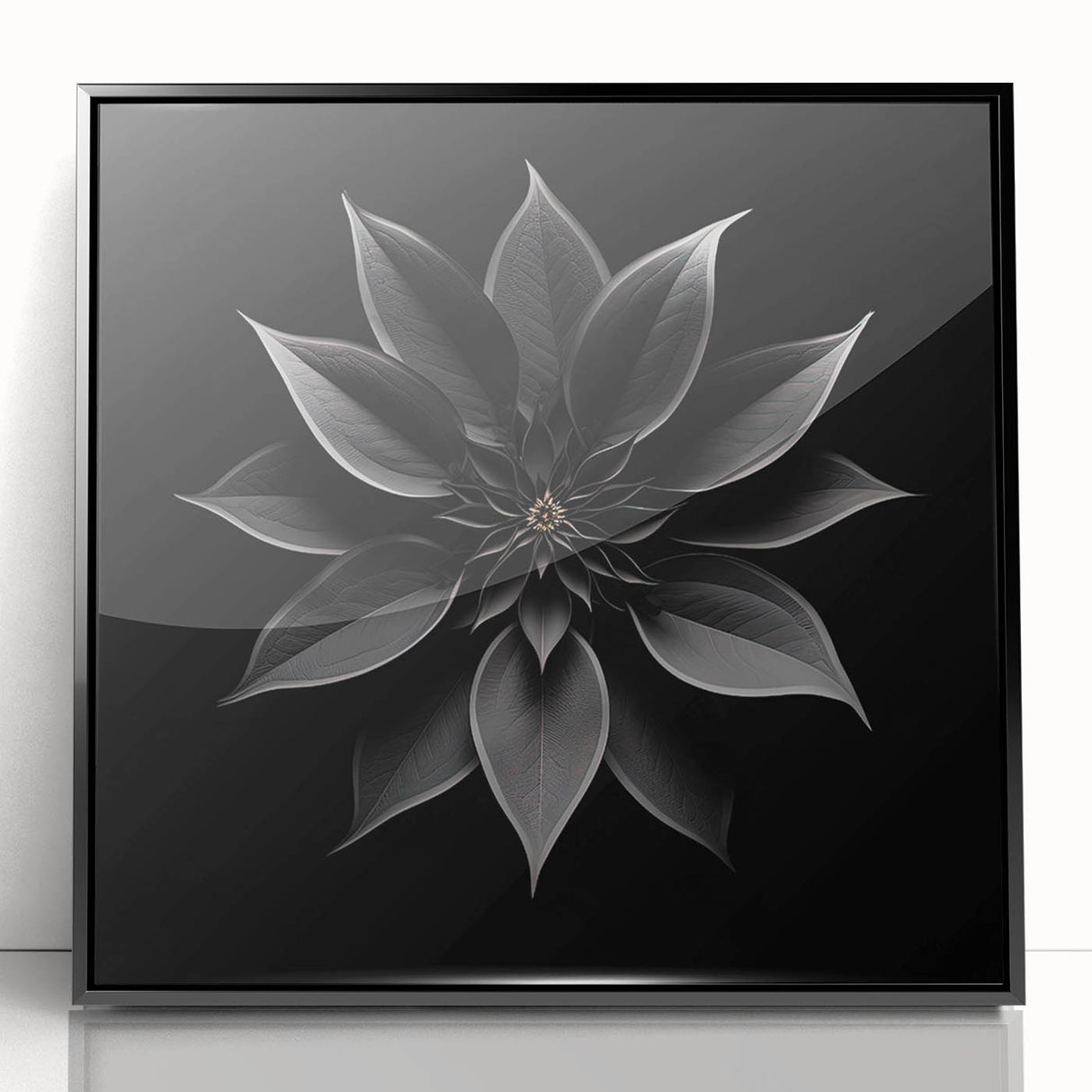 Framed acrylic wall art featuring a vibrant botanical poinsettia design against a sleek black background, perfect for enhancing modern home decor.