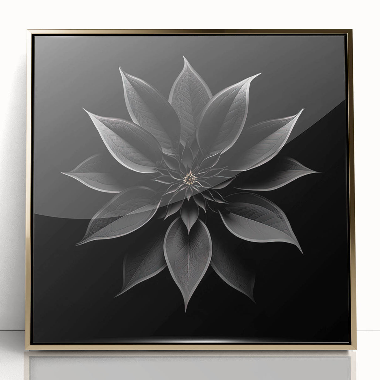 Elegant framed wall art featuring a botanical poinsettia design with gold accents, displayed against a bright background, perfect for enhancing home decor.
