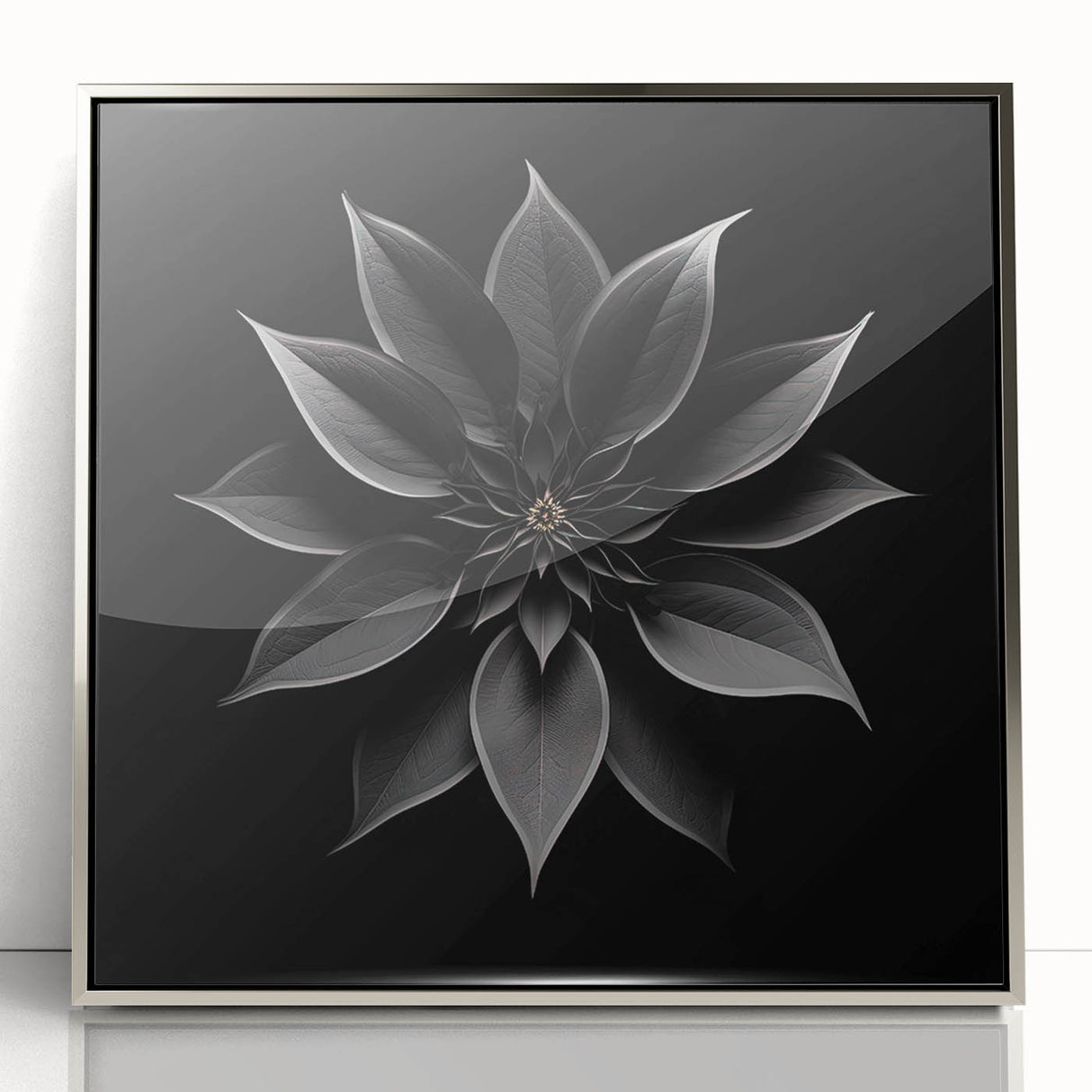 Framed wall art featuring a vibrant botanical poinsettia design in rich red and green hues, set in a sleek silver frame, perfect for festive home decor.