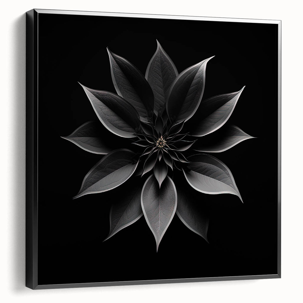 Framed botanical wall art featuring a poinsettia design on black canvas, showcasing vibrant colors and intricate floral details, ideal for home decor.