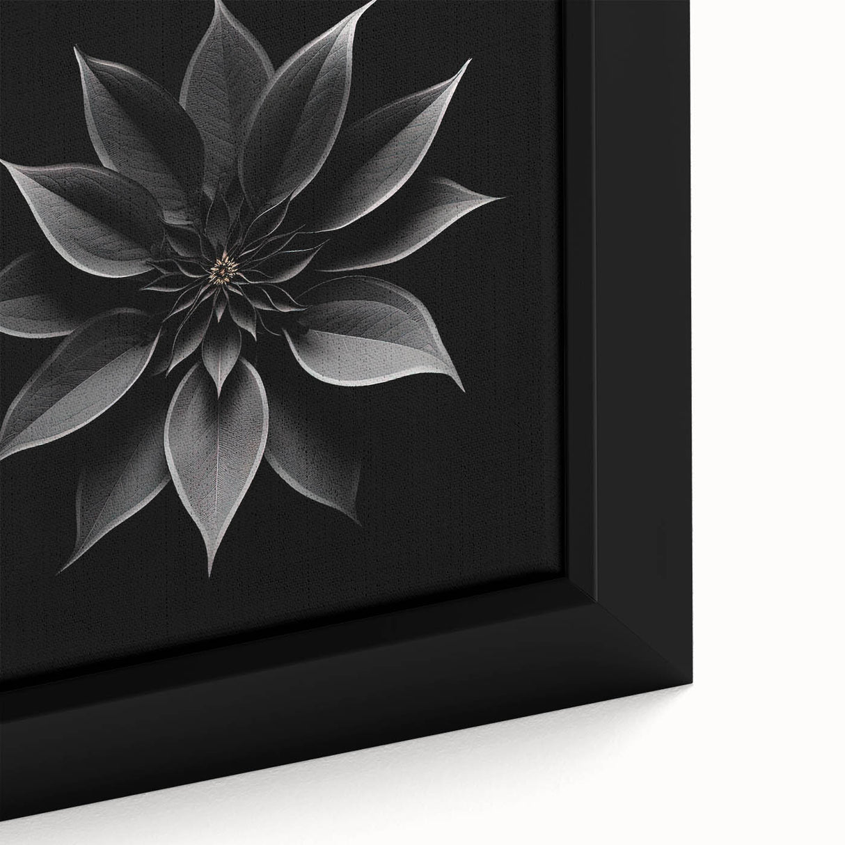 Close-up of a vibrant, framed botanical poinsettia wall art design showcasing intricate floral details and rich colors, perfect for home decor enhancement.
