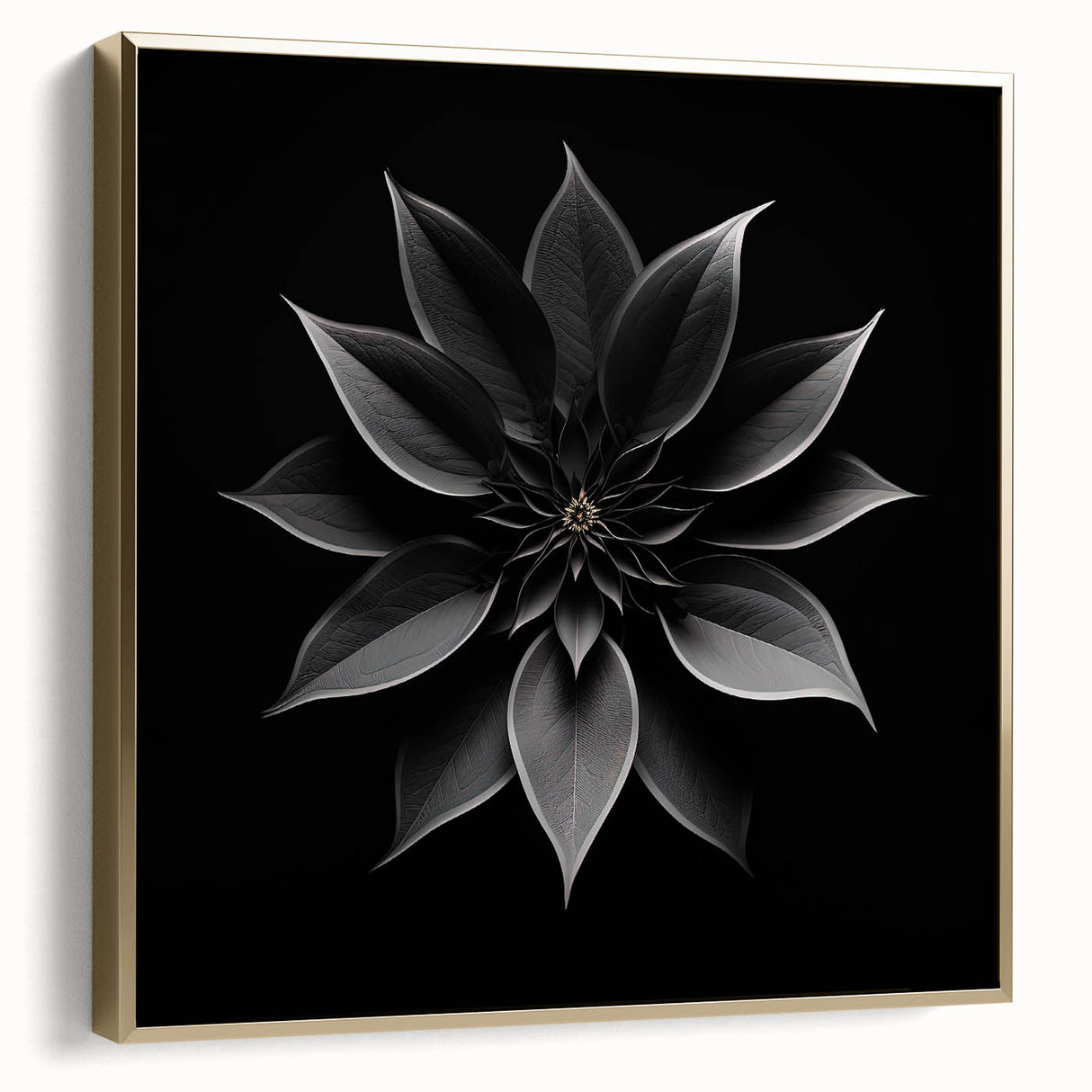 Framed botanical wall art featuring a vibrant poinsettia design in silver and gold hues, perfect for enhancing modern home decor with a touch of elegance.