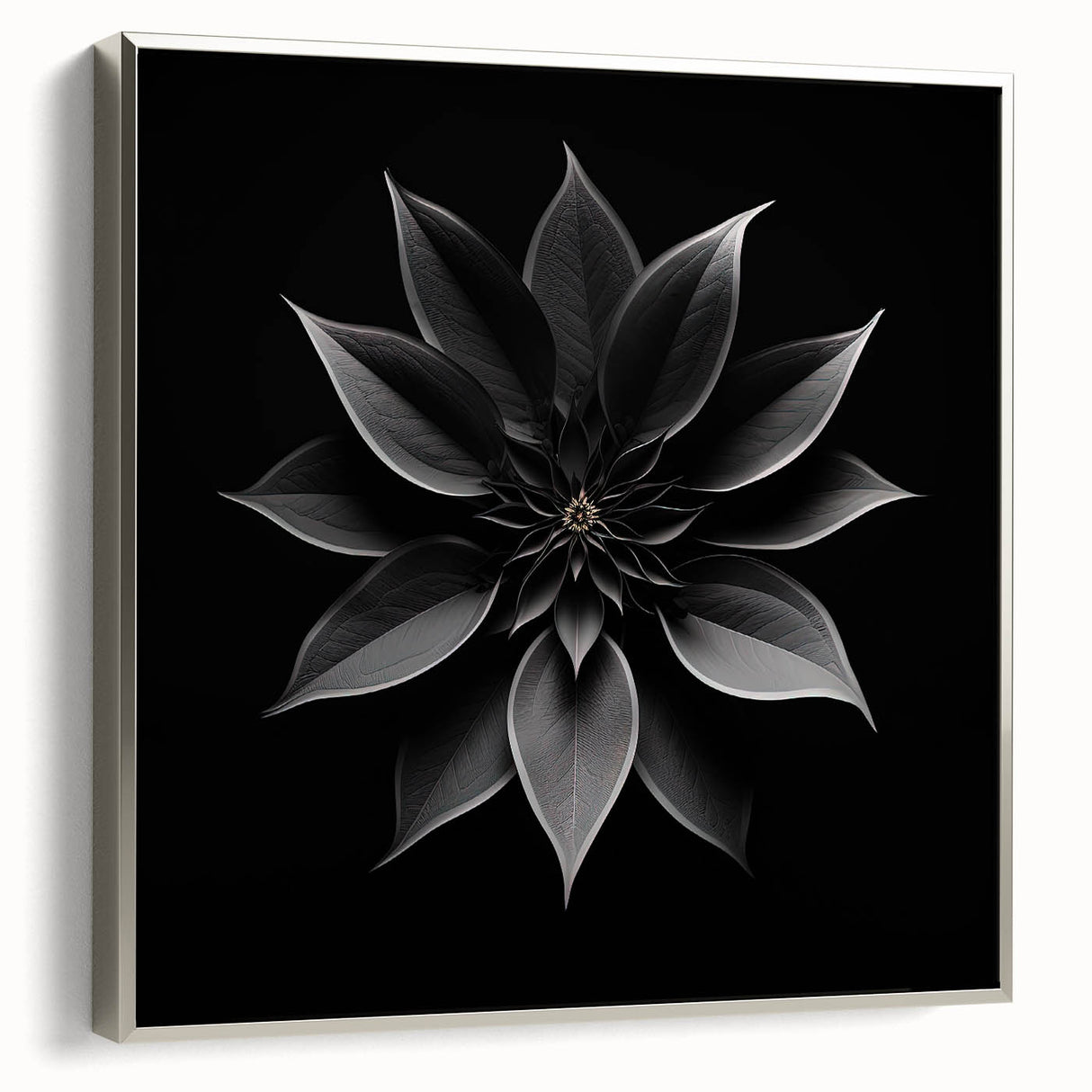 Framed botanical wall art showcasing a vibrant poinsettia design on textured canvas, featuring a sleek silver frame that complements its floral elegance. Perfect for enhancing home decor with a touch of nature-inspired beauty.